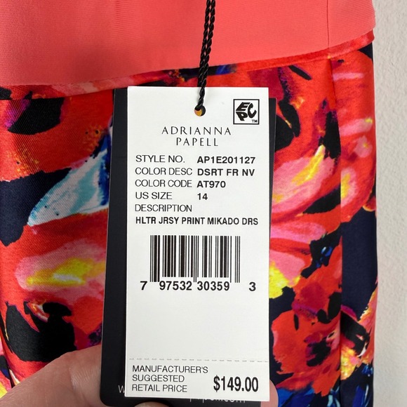 Adrianna Papell Womens 14 Coral Floral Print High Neck Mikado Dress Fit & Flare - Picture 9 of 14